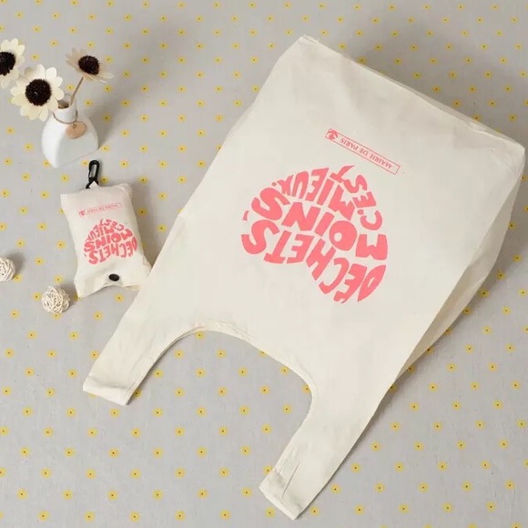 Canvas tote bag foldable portable womens shopping grocery keychain clip - Picture 4 of 5